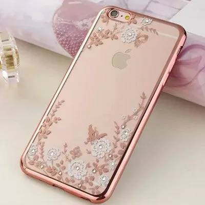 For iPhone 8 5S SE 6 6S Plus 7 Plus Case Luxury Flower Flora Bling Diamond Rhinestone Clear Soft TPU Cover For iPhone 7 Case