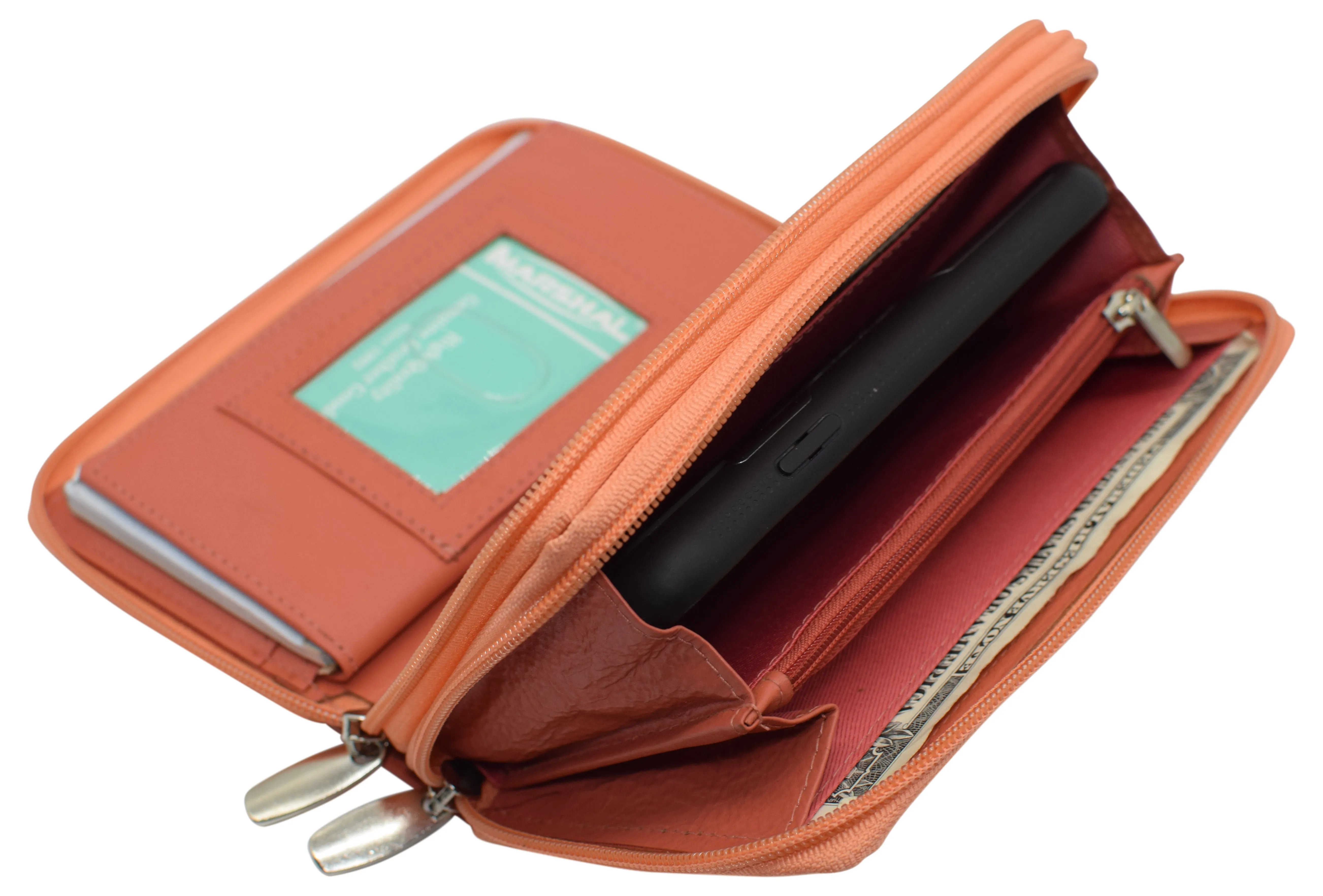 Genuine Leather Womens RFID Blocking Security Double Zip-around Indexer Phone Wallet