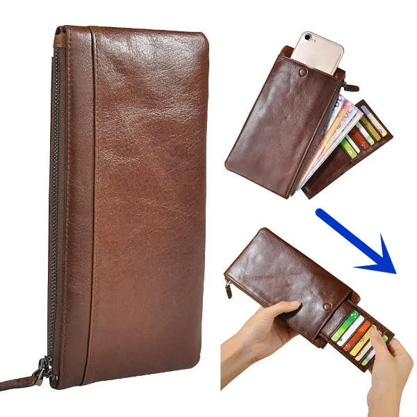 Genuine Leather Zipper Long Wallet Purse Card Holder 5.5'' Phone Case For Iphone Huawei Samsung