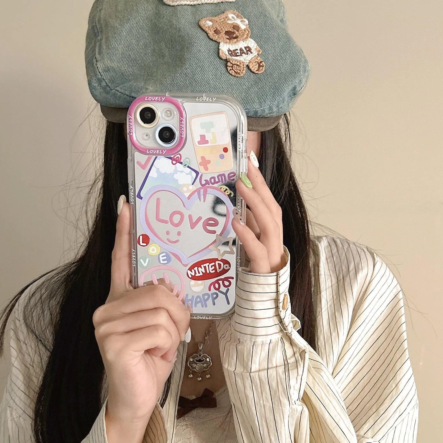 Happy Love Game With Mirror Silicon Phone Case For iPhone 15