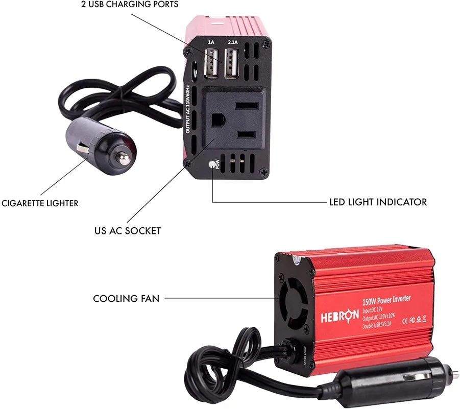 Hebron 150W Car Power Inverter - Portable 12V DC to 110V AC Charger