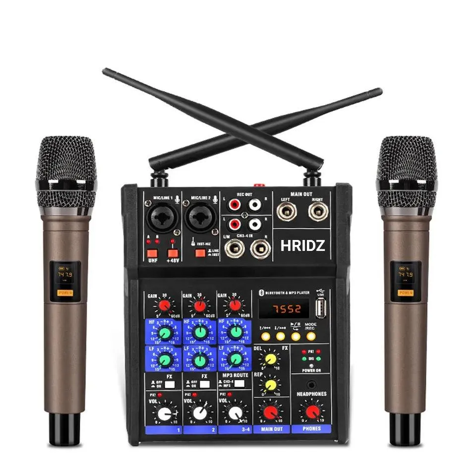 HRIDZ 4 Channel Audio Mixer Karaoke Machine with 2 Wireless Microphones Mixing Console