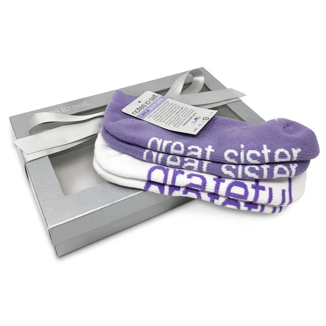 I am a great sister® lilac socks   I am grateful™ white socks in silver gift box