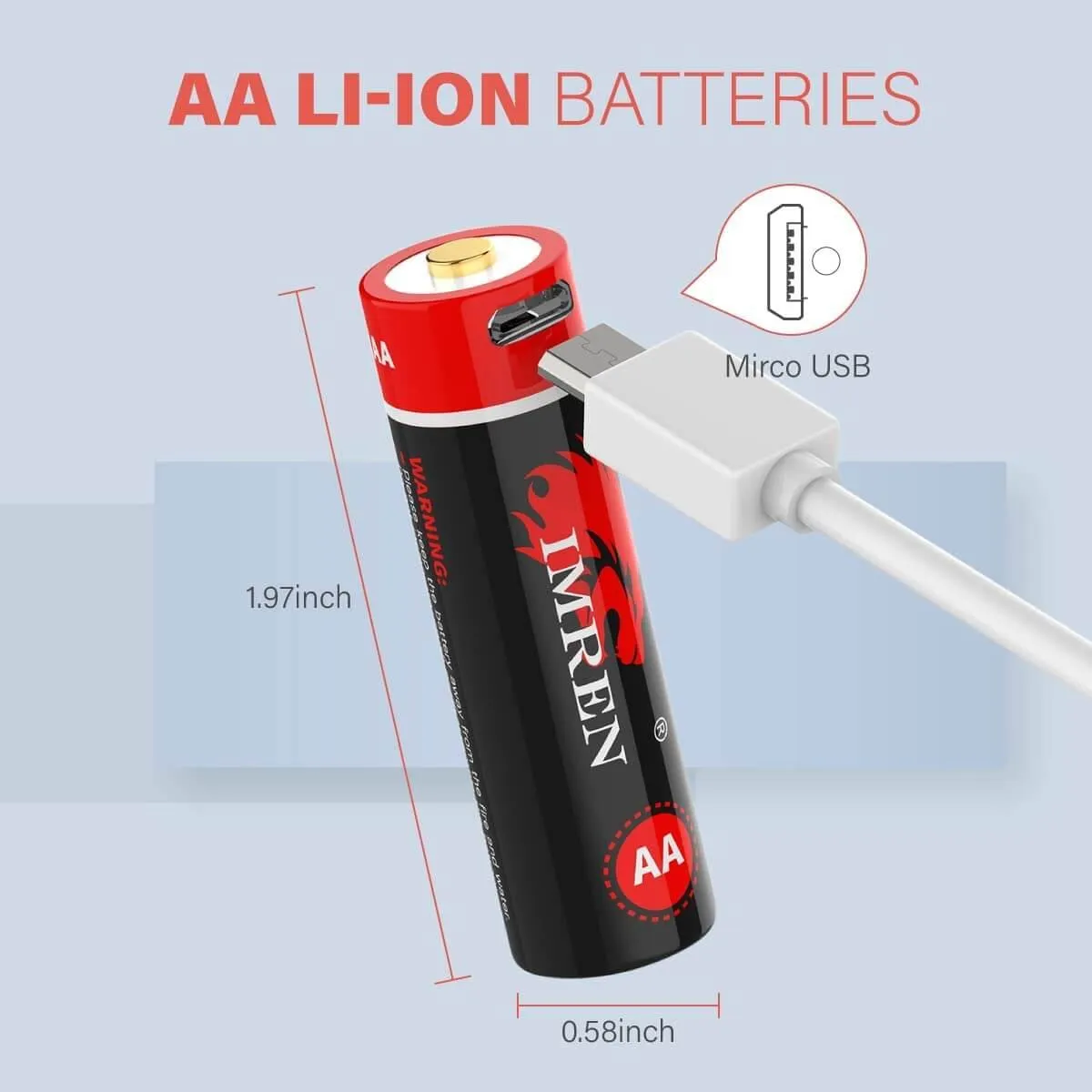 IMREN 1.5V AA 2800mWh Micro-USB Port Rechargeable Lithium Battery (4Batteries/Pack)