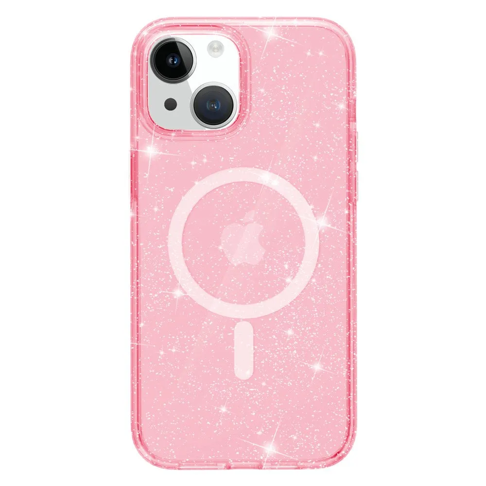 iPhone 15 MagSafe Hybrid Hardcase Case with TPU Bumper Glitter Design - Pink / Transparent