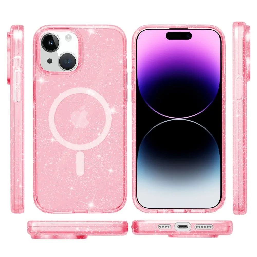 iPhone 15 MagSafe Hybrid Hardcase Case with TPU Bumper Glitter Design - Pink / Transparent