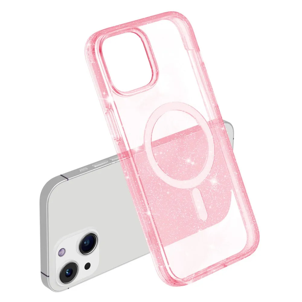 iPhone 15 MagSafe Hybrid Hardcase Case with TPU Bumper Glitter Design - Pink / Transparent