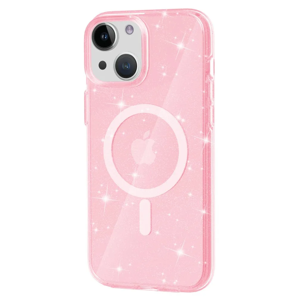 iPhone 15 MagSafe Hybrid Hardcase Case with TPU Bumper Glitter Design - Pink / Transparent