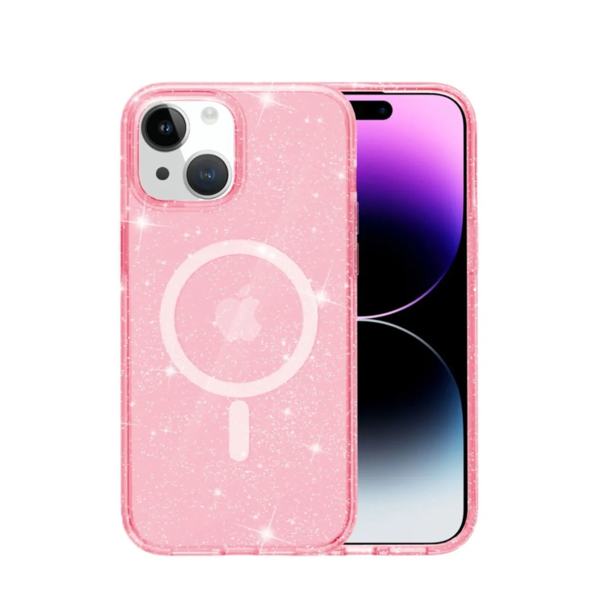 iPhone 15 MagSafe Hybrid Hardcase Case with TPU Bumper Glitter Design - Pink / Transparent