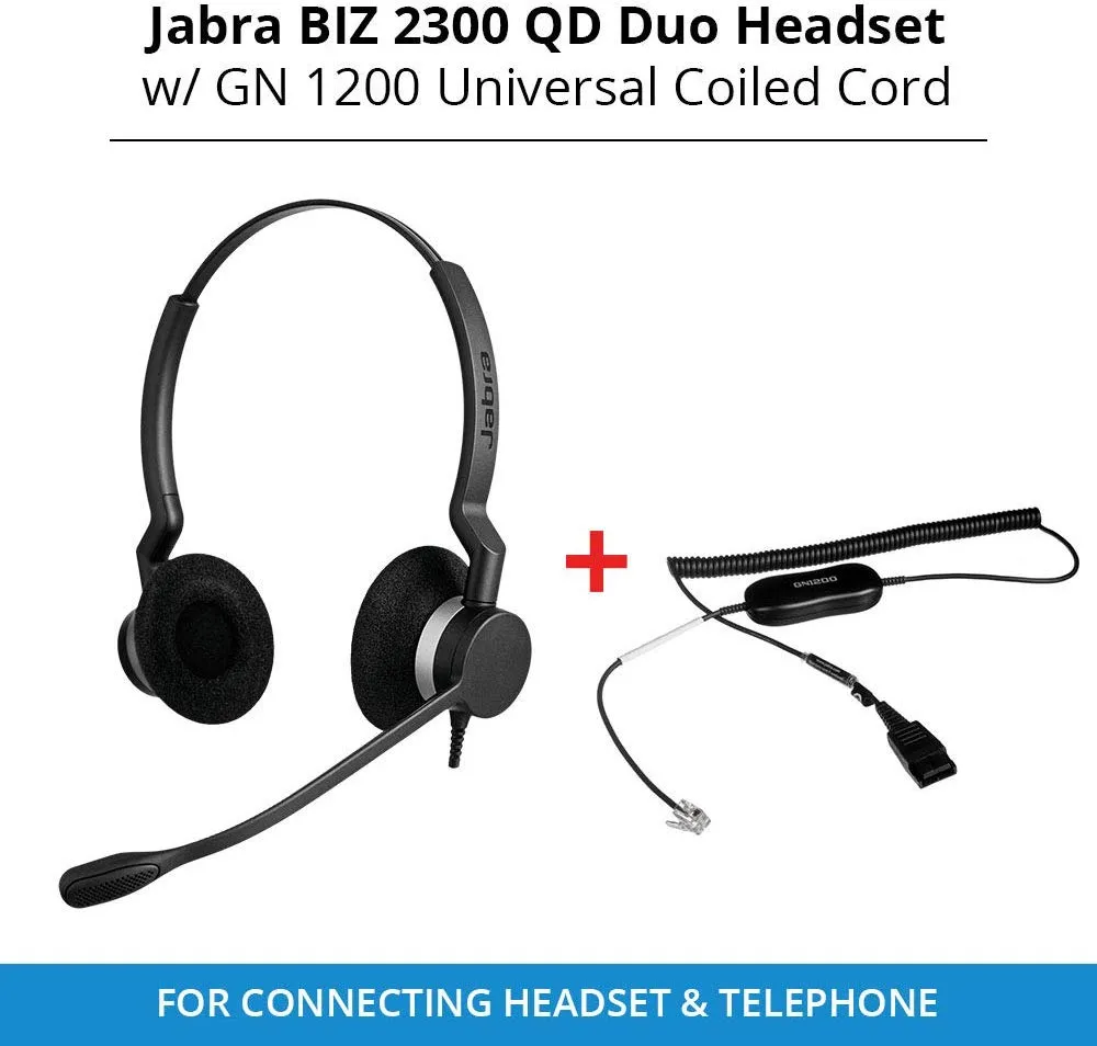 Jabra Biz 2300 QD Duo Headset with GN 1200 Universal Coiled Smart Cord for Connecting Headset & Telephone