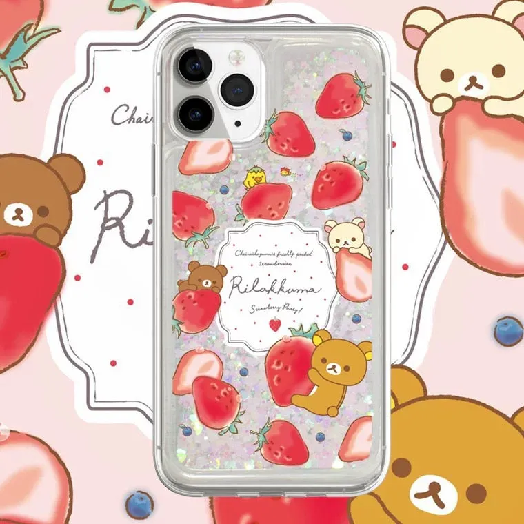 Japanese Cartoon Rilakkuma Strawberry Party - Blue Glitter QuickSand iPhone Case 6 7 8 PLUS SE2 XS XR X 11 12 13 14 15 Pro Promax 12mini 13mini