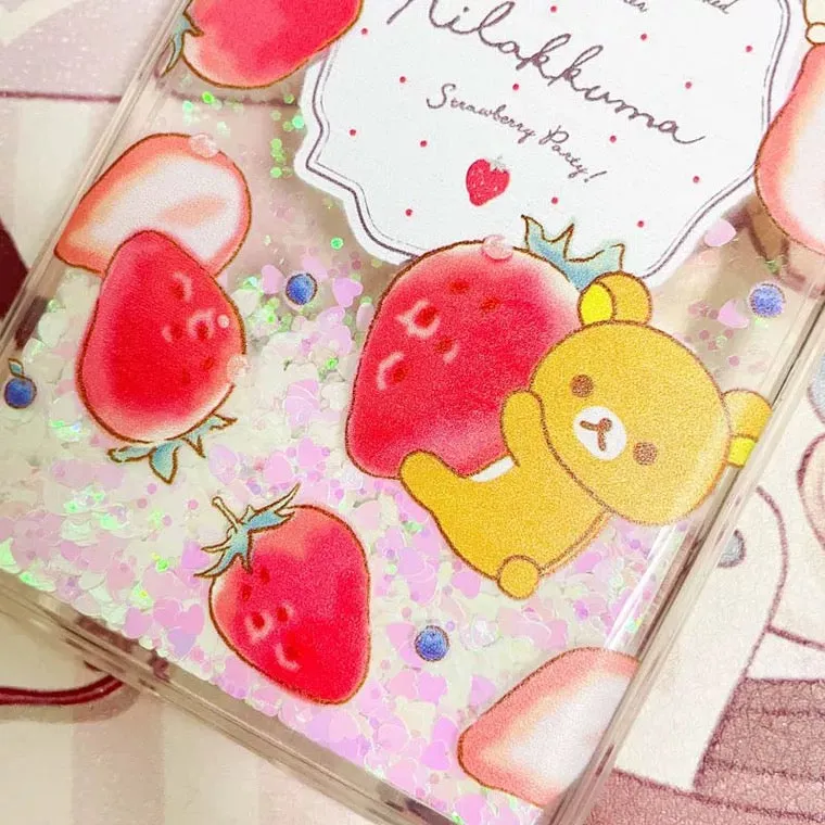 Japanese Cartoon Rilakkuma Strawberry Party - Blue Glitter QuickSand iPhone Case 6 7 8 PLUS SE2 XS XR X 11 12 13 14 15 Pro Promax 12mini 13mini