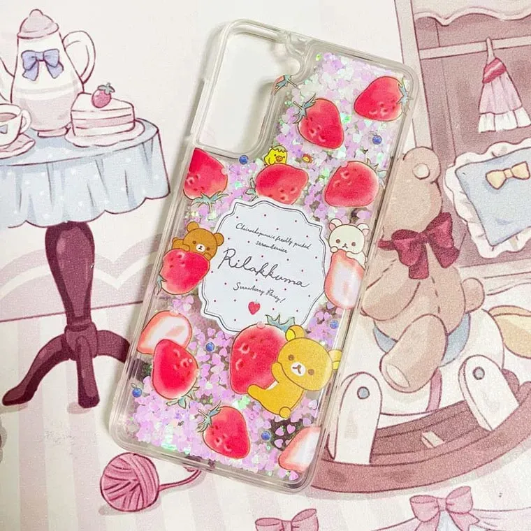 Japanese Cartoon Rilakkuma Strawberry Party - Blue Glitter QuickSand iPhone Case 6 7 8 PLUS SE2 XS XR X 11 12 13 14 15 Pro Promax 12mini 13mini