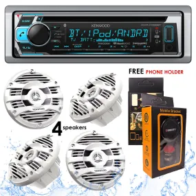 Kenwood KMR-D368BT Bluetooth Receiver   KFC-1653MRW 6.5" 2-Way Marine Speaker Boat-Yacht-ATV - 4 Speakers/300W   Free Magnet Phone Holder