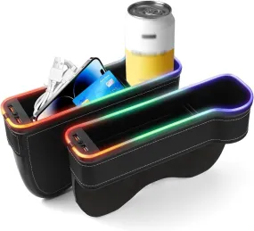 LED Car Seat Gap Filler With Charger - RGB Color Changing LED Car Seat Gap Filler Organizers Console Side Storage Box with Cup Holders and USB Chargers for Car Interior Accessories