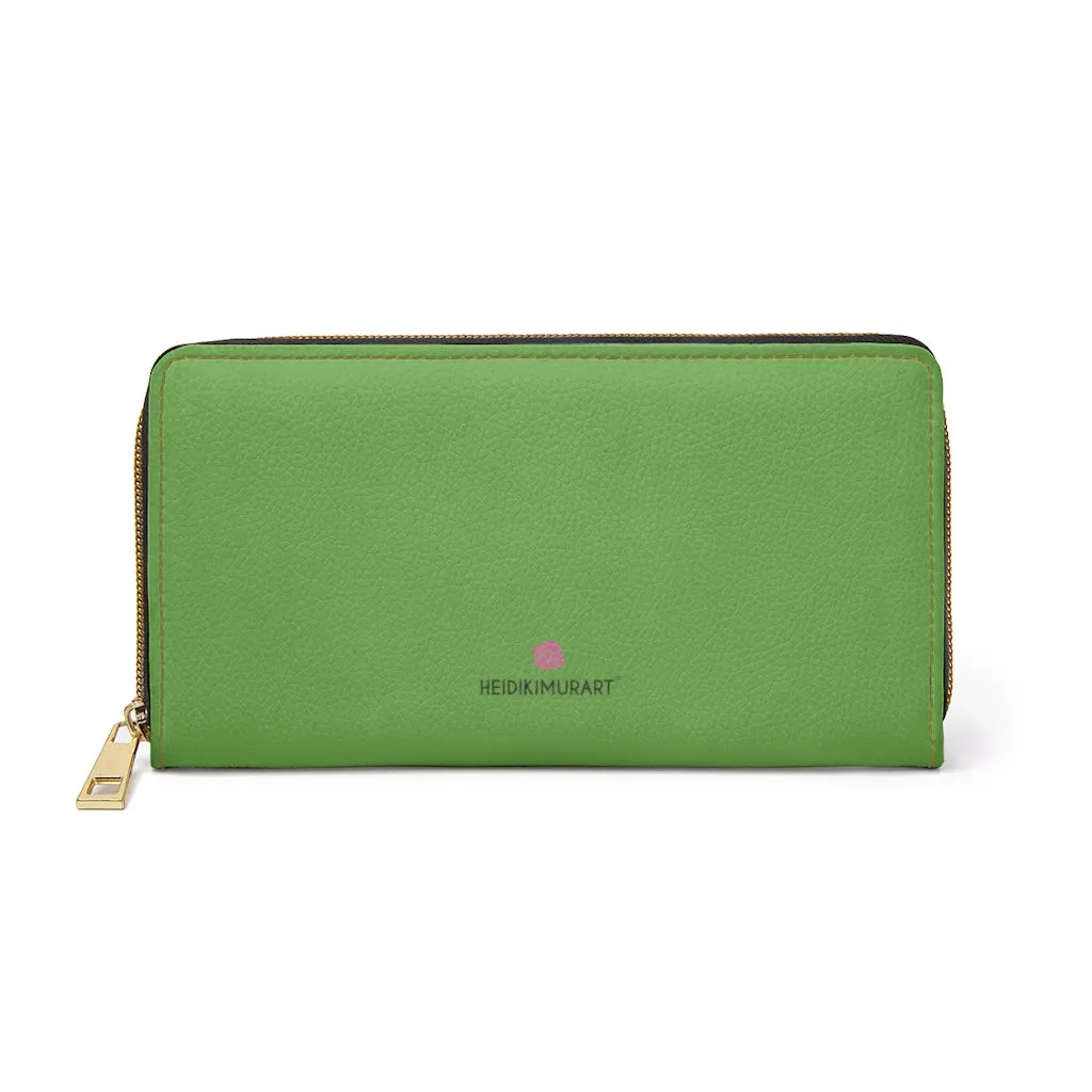 Light Green Color Zipper Wallet, Solid Green Color Long Compact Designer Premium Quality Women's Wallet