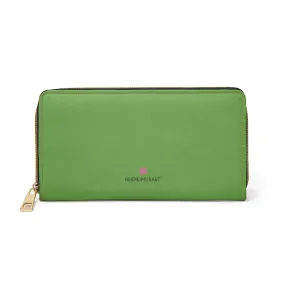 Light Green Color Zipper Wallet, Solid Green Color Long Compact Designer Premium Quality Women's Wallet