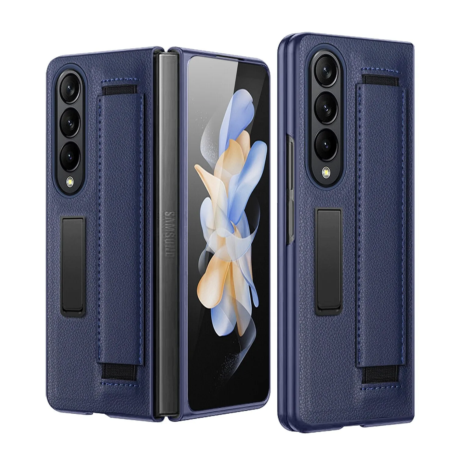 Luxury Leather Hard PC Phone Case with Wrist Band Glass Film With Kickstand For Samsung Galaxy Z Fold 4