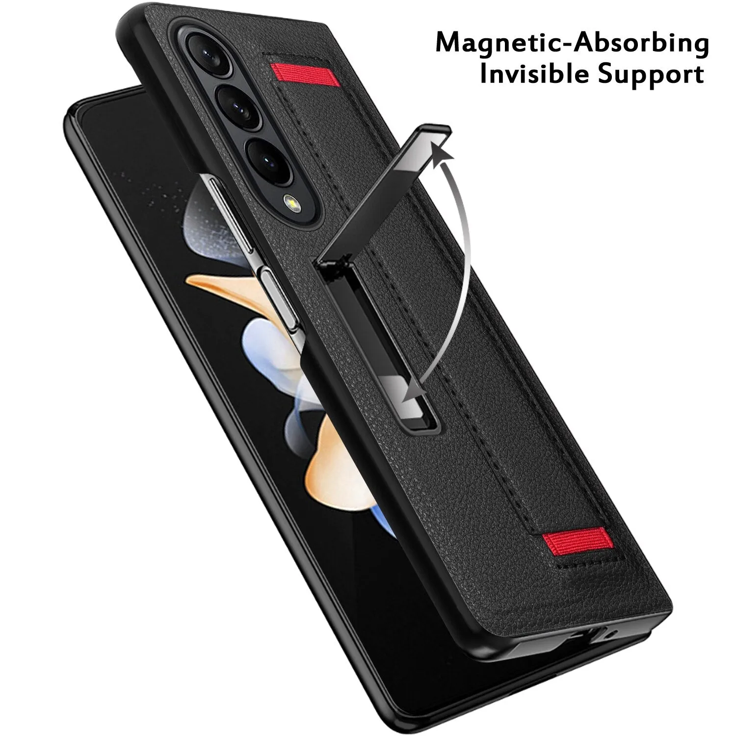 Luxury Leather Hard PC Phone Case with Wrist Band Glass Film With Kickstand For Samsung Galaxy Z Fold 4