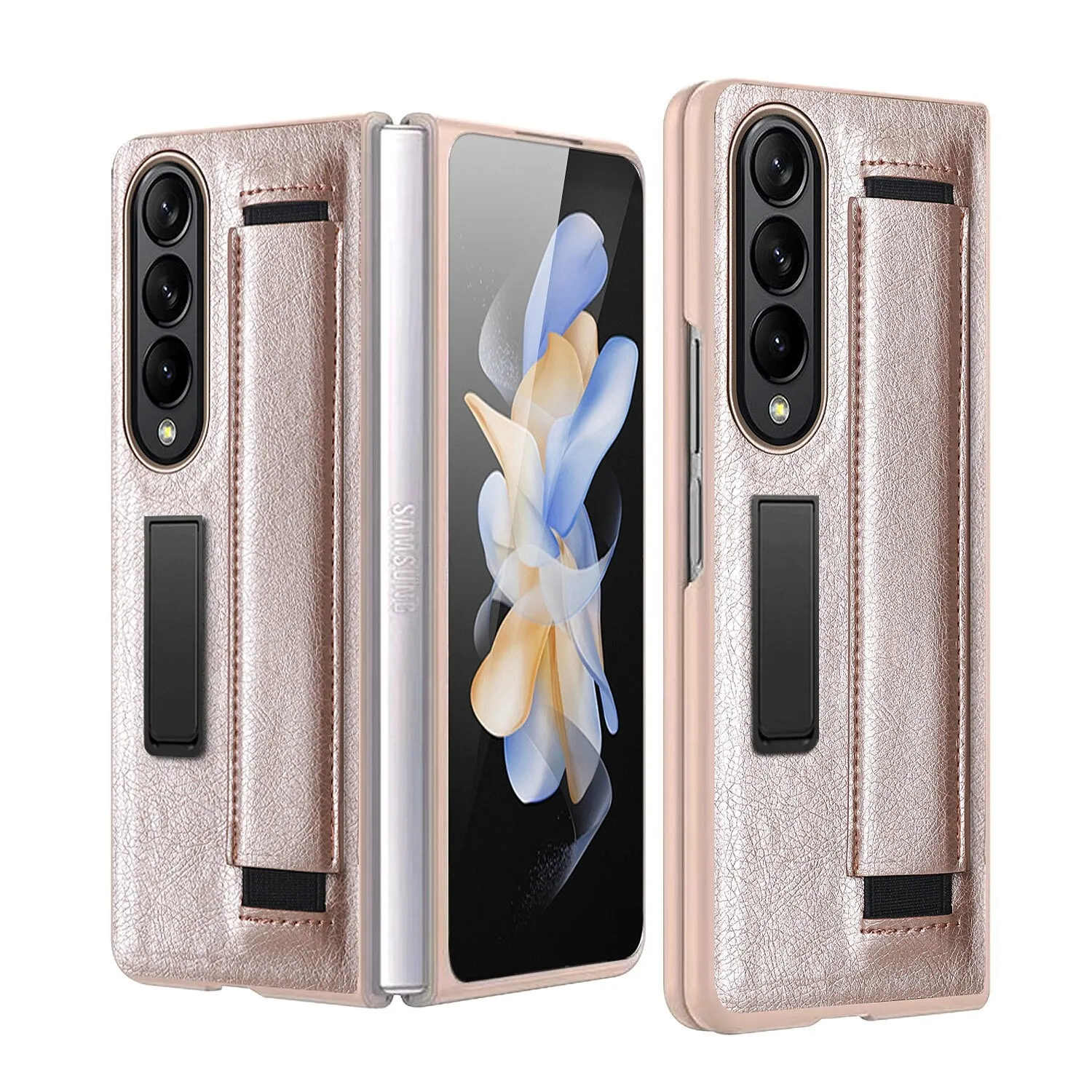 Luxury Leather Hard PC Phone Case with Wrist Band Glass Film With Kickstand For Samsung Galaxy Z Fold 4