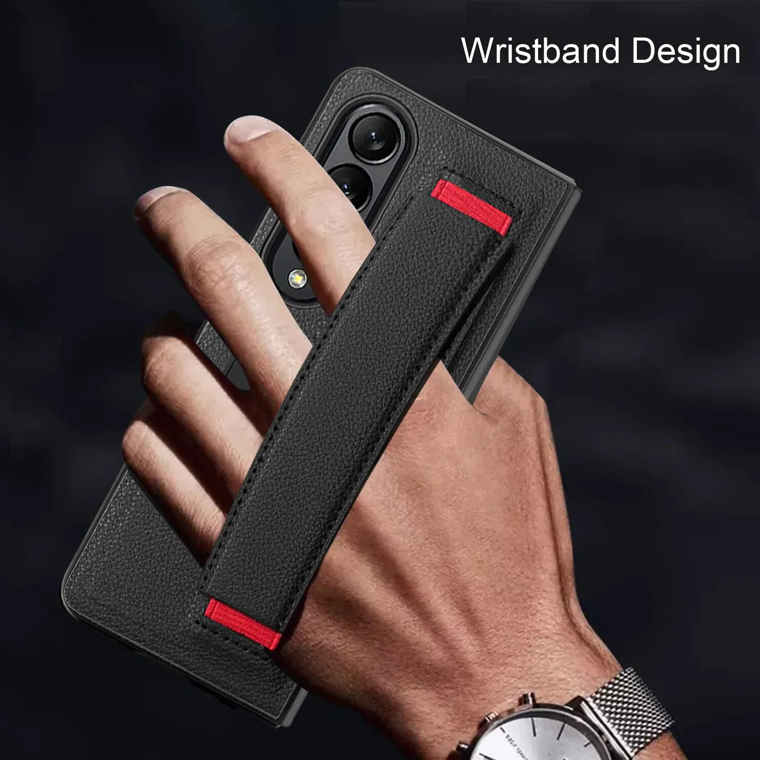 Luxury Leather Hard PC Phone Case with Wrist Band Glass Film With Kickstand For Samsung Galaxy Z Fold 4