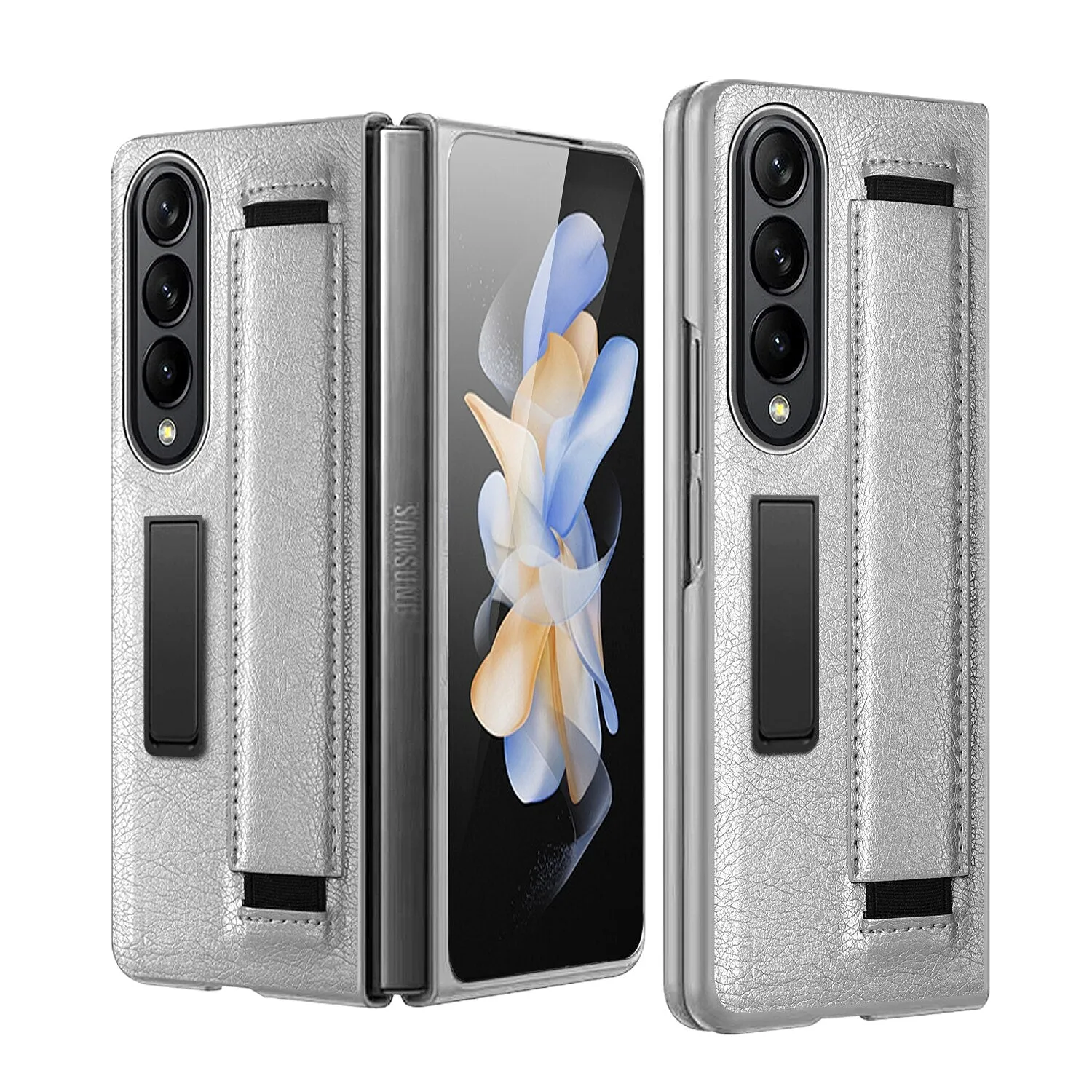 Luxury Leather Hard PC Phone Case with Wrist Band Glass Film With Kickstand For Samsung Galaxy Z Fold 4