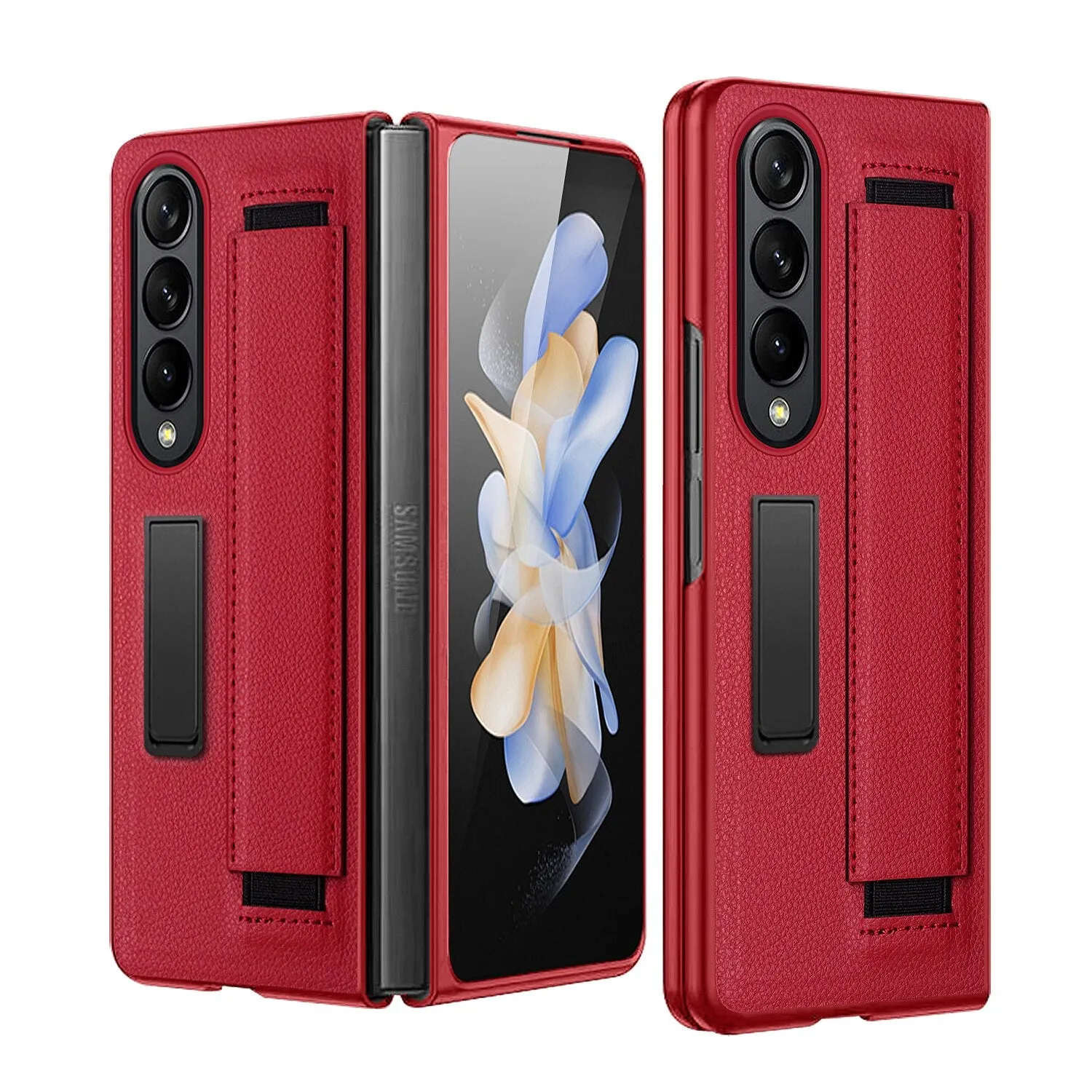 Luxury Leather Hard PC Phone Case with Wrist Band Glass Film With Kickstand For Samsung Galaxy Z Fold 4