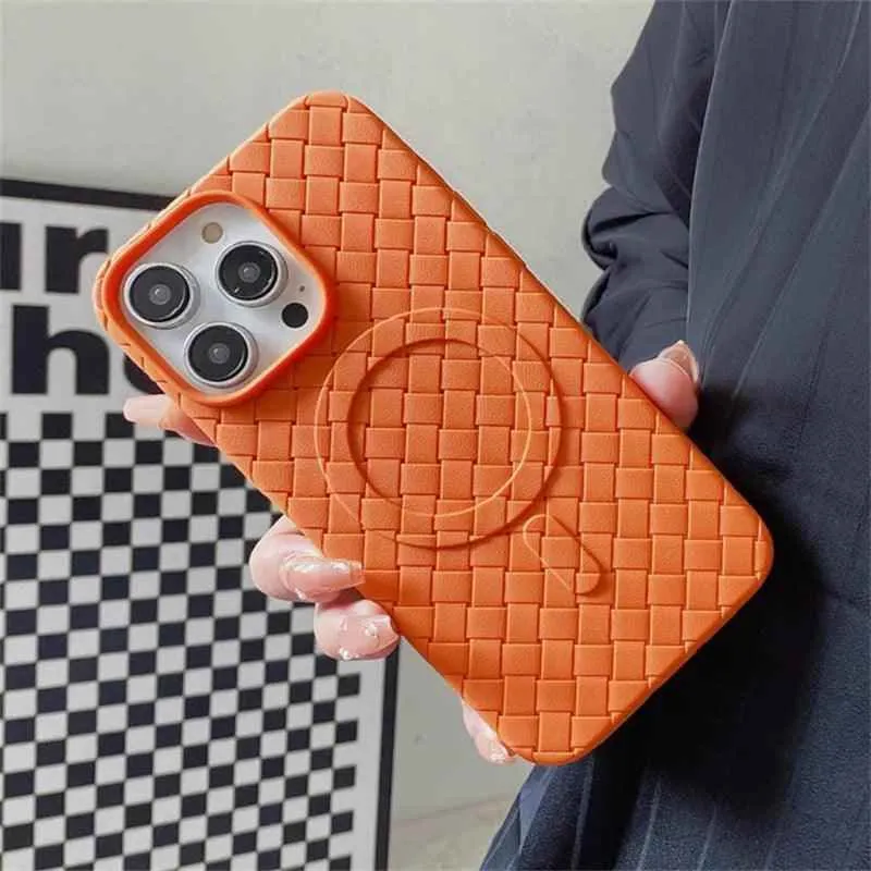 Luxury Weaving Grid Braided Mesh Leather Phone Case for iPhone 15 13, 14 Pro Max - Cute Design