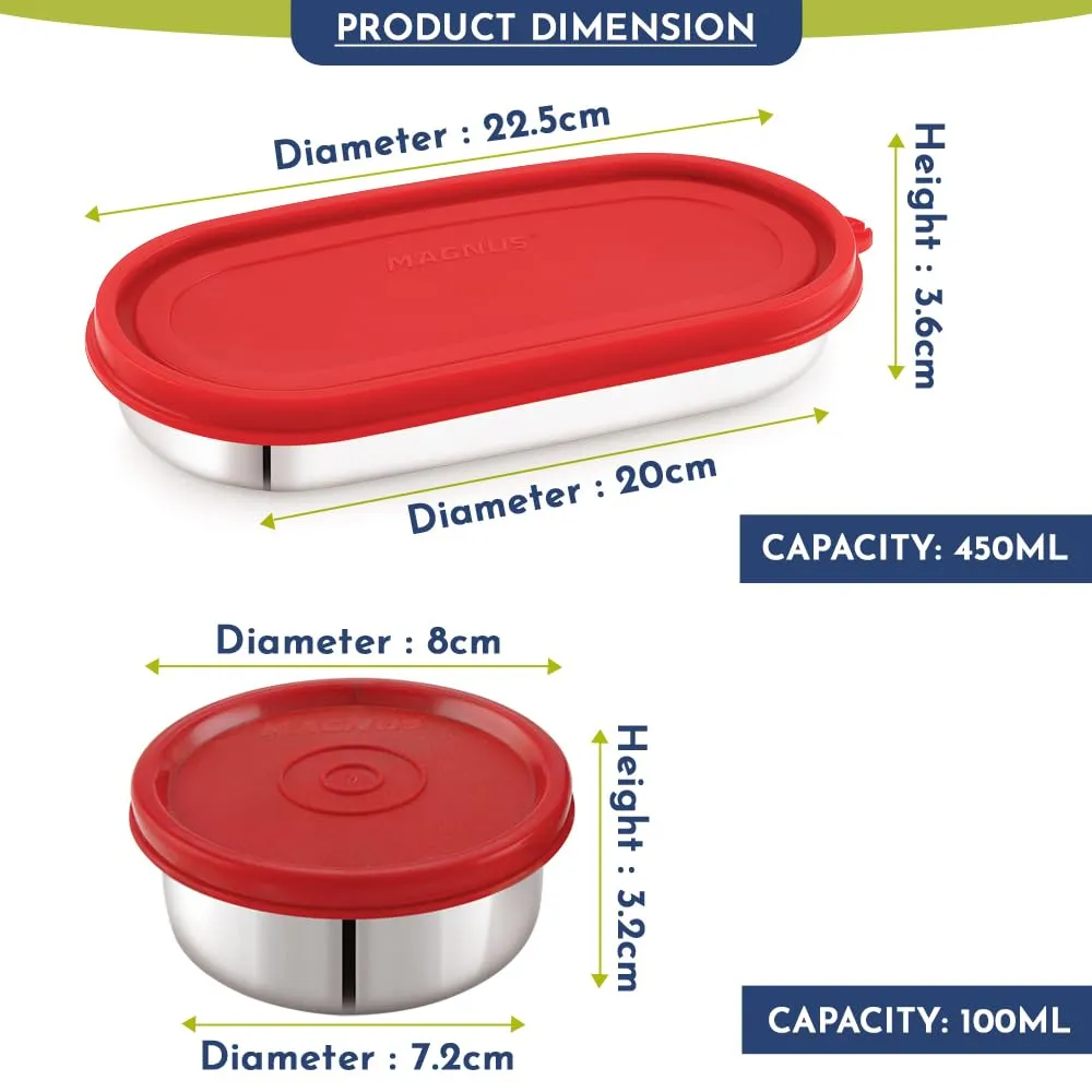 Magnus Easy Lock S S Prime Oval & Chocolate Container, Airtight & Leakproof Lid ,Tiffin For School, Office,Picnic, Ideal lunch boxes for Men, Women and Kids (Red,100ml,450ml)