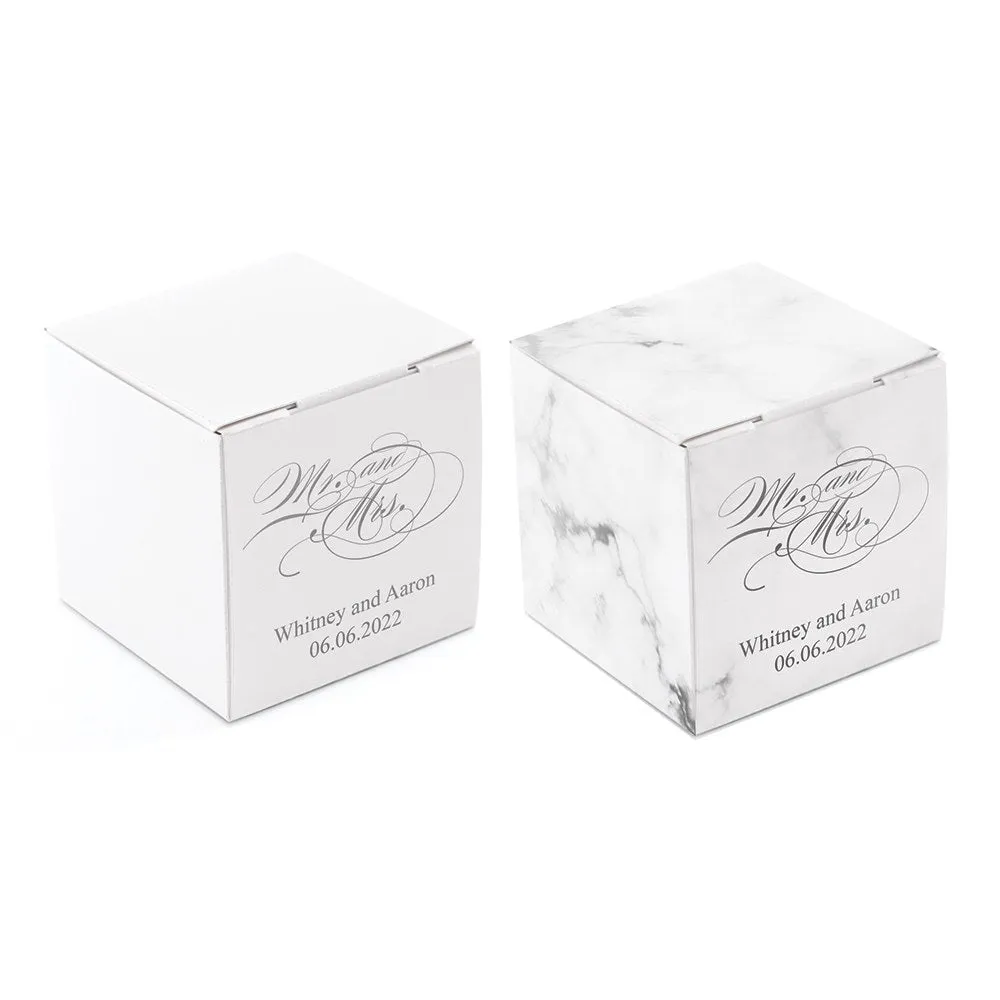 MINI CUSTOM FOIL PRINTED SQUARE PAPER FAVOR BOXES -MR. & MRS. SCRIPT