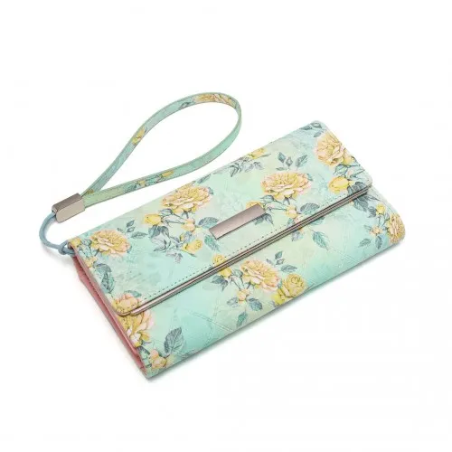 Miss Lulu Ladies' Flower Printed PU Leather Long Purse - Elegant Green Wallet