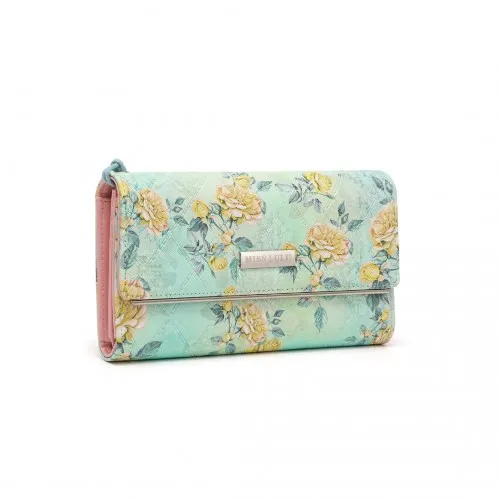 Miss Lulu Ladies' Flower Printed PU Leather Long Purse - Elegant Green Wallet