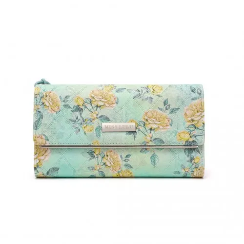 Miss Lulu Ladies' Flower Printed PU Leather Long Purse - Elegant Green Wallet