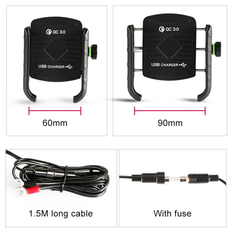 Motorcycles / Bicycle USB Charger QC 3.0 Fast Charging Phone Bracket, Suitable for 6-9cm Device(Black)