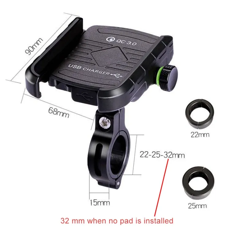 Motorcycles / Bicycle USB Charger QC 3.0 Fast Charging Phone Bracket, Suitable for 6-9cm Device(Black)