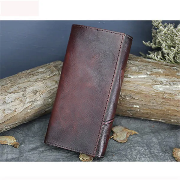 National Style Genuine Leather Trifold Long Wallet Card Holder Phone Bag Purse For Women