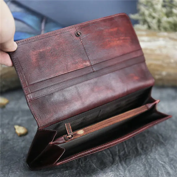 National Style Genuine Leather Trifold Long Wallet Card Holder Phone Bag Purse For Women