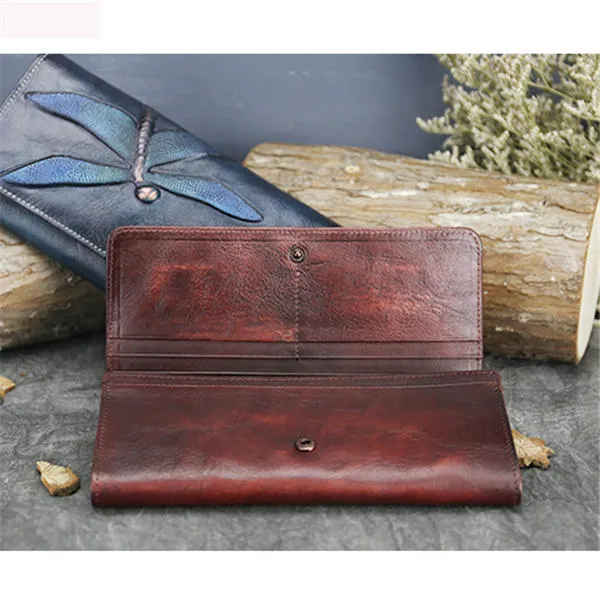 National Style Genuine Leather Trifold Long Wallet Card Holder Phone Bag Purse For Women