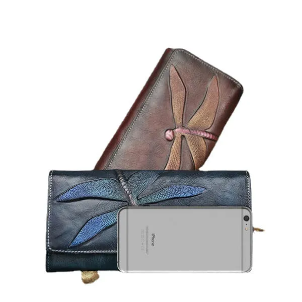 National Style Genuine Leather Trifold Long Wallet Card Holder Phone Bag Purse For Women