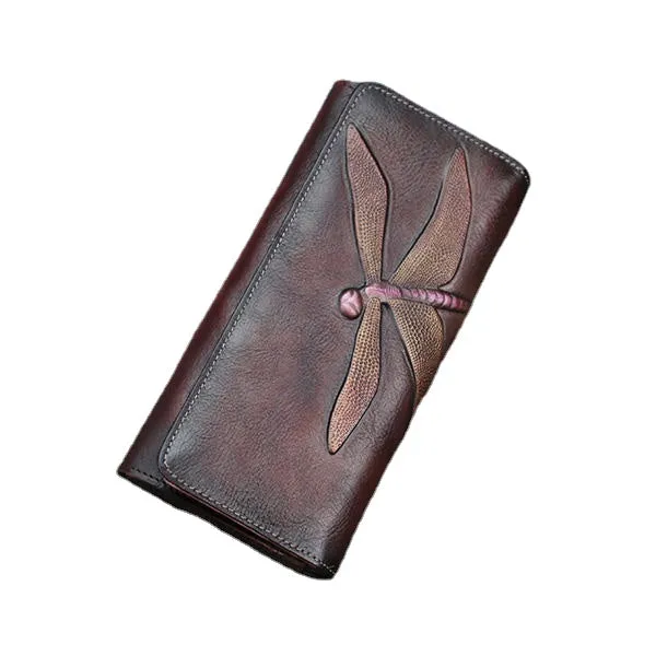 National Style Genuine Leather Trifold Long Wallet Card Holder Phone Bag Purse For Women