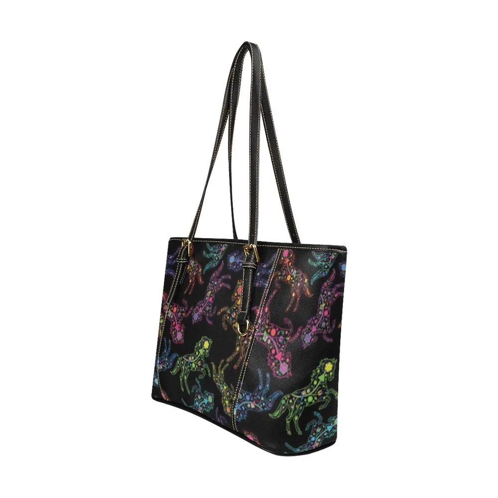 Neon Floral Horses Leather Tote Bag/Large