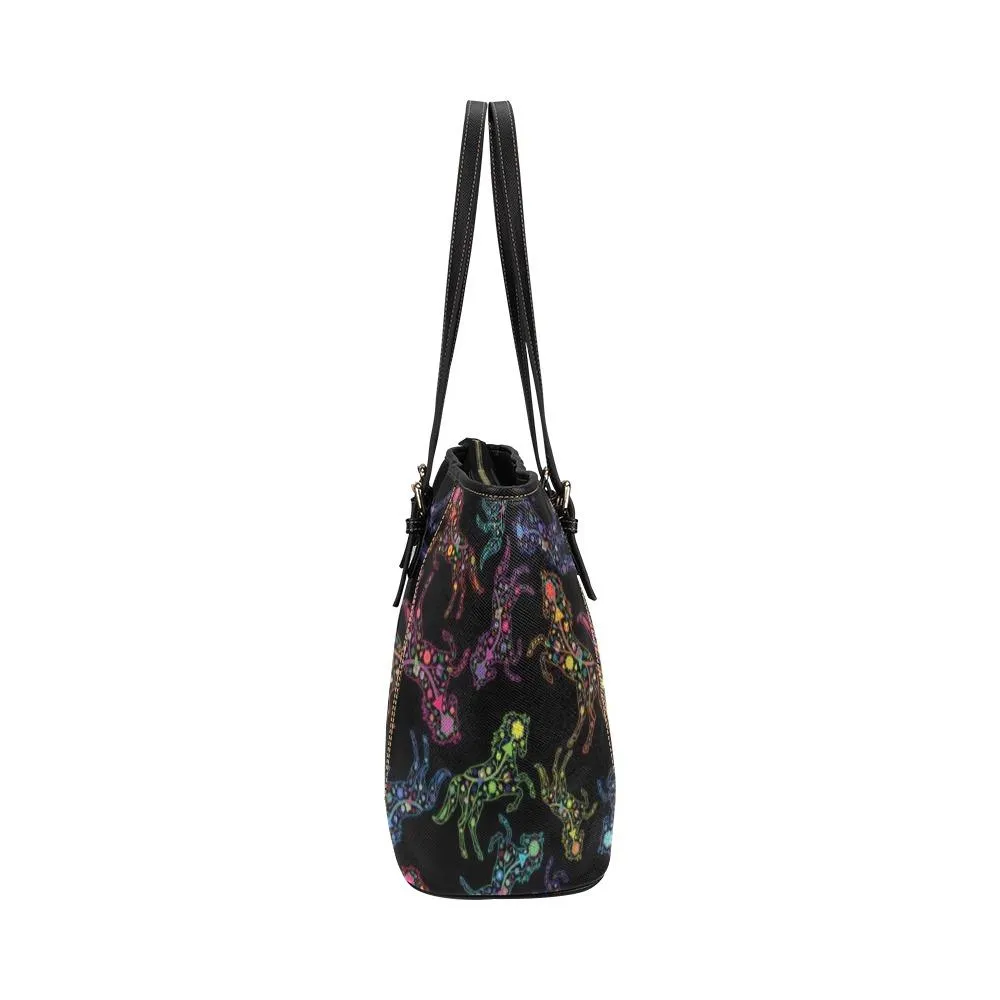 Neon Floral Horses Leather Tote Bag/Large