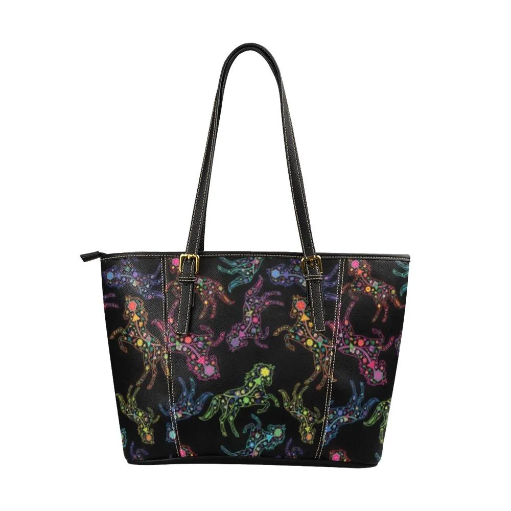 Neon Floral Horses Leather Tote Bag/Large