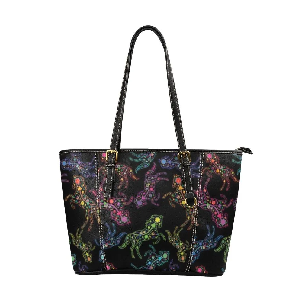 Neon Floral Horses Leather Tote Bag/Large