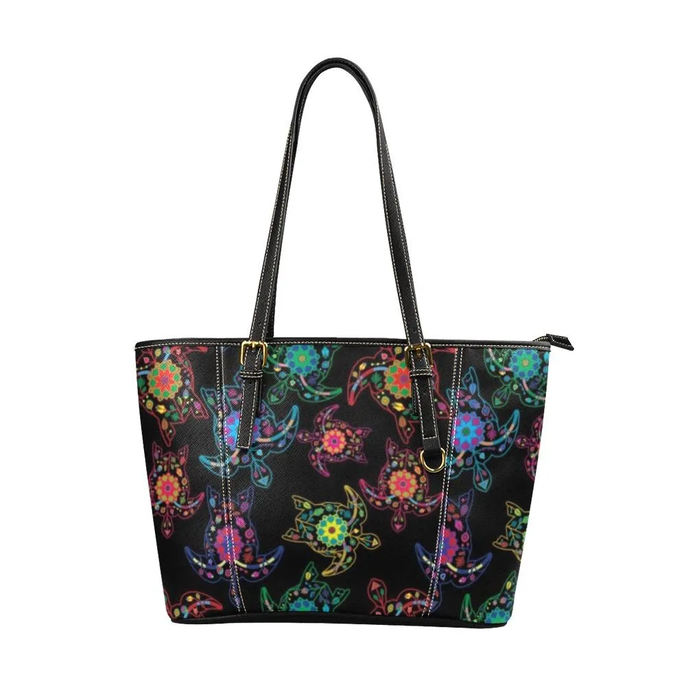 Neon Floral Turtles Leather Tote Bag/Large