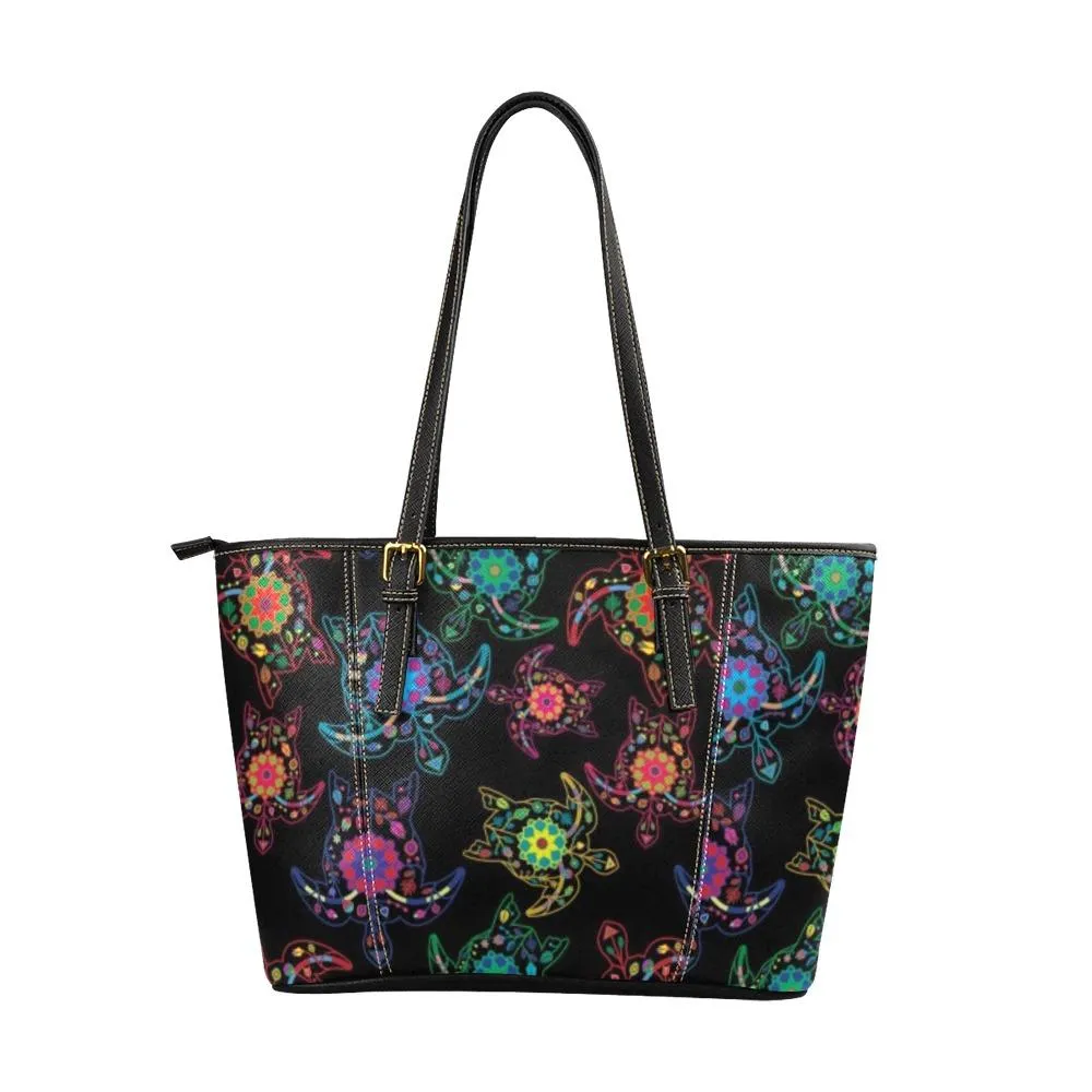 Neon Floral Turtles Leather Tote Bag/Large