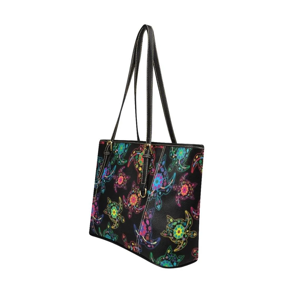 Neon Floral Turtles Leather Tote Bag/Large