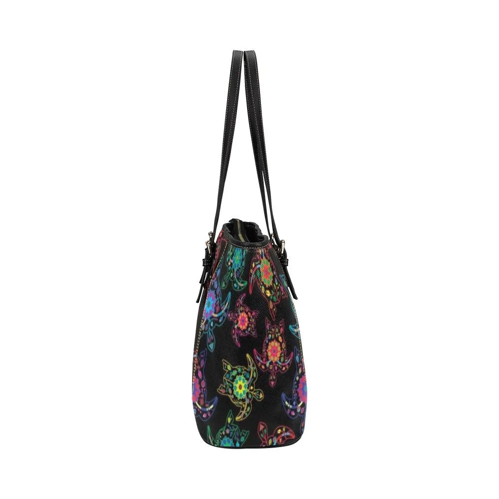 Neon Floral Turtles Leather Tote Bag/Large