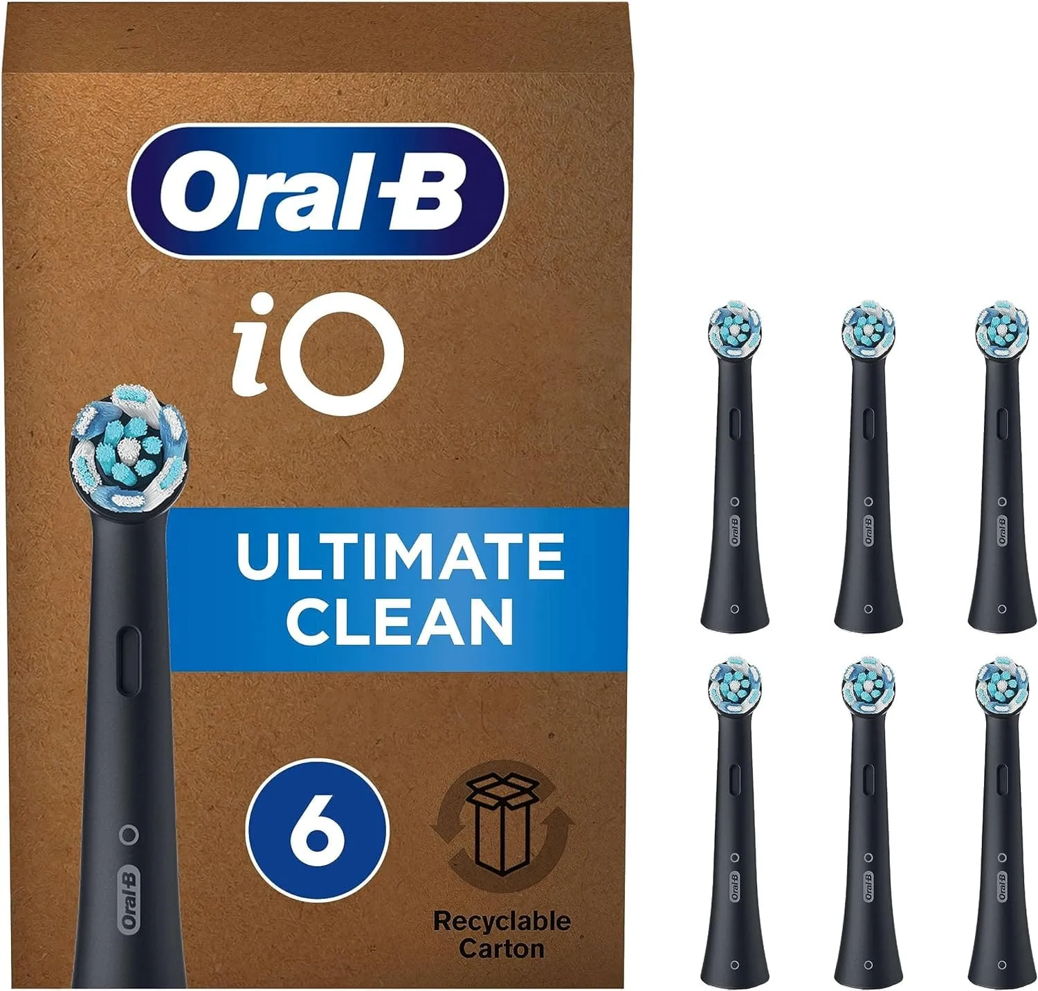 Oral-B iO Ultimate Clean Electric Toothbrush Head, Twisted & Angled Bristles for Deeper Plaque Removal, Pack of 6 Toothbrush Heads, Suitable for Mailbox, Black