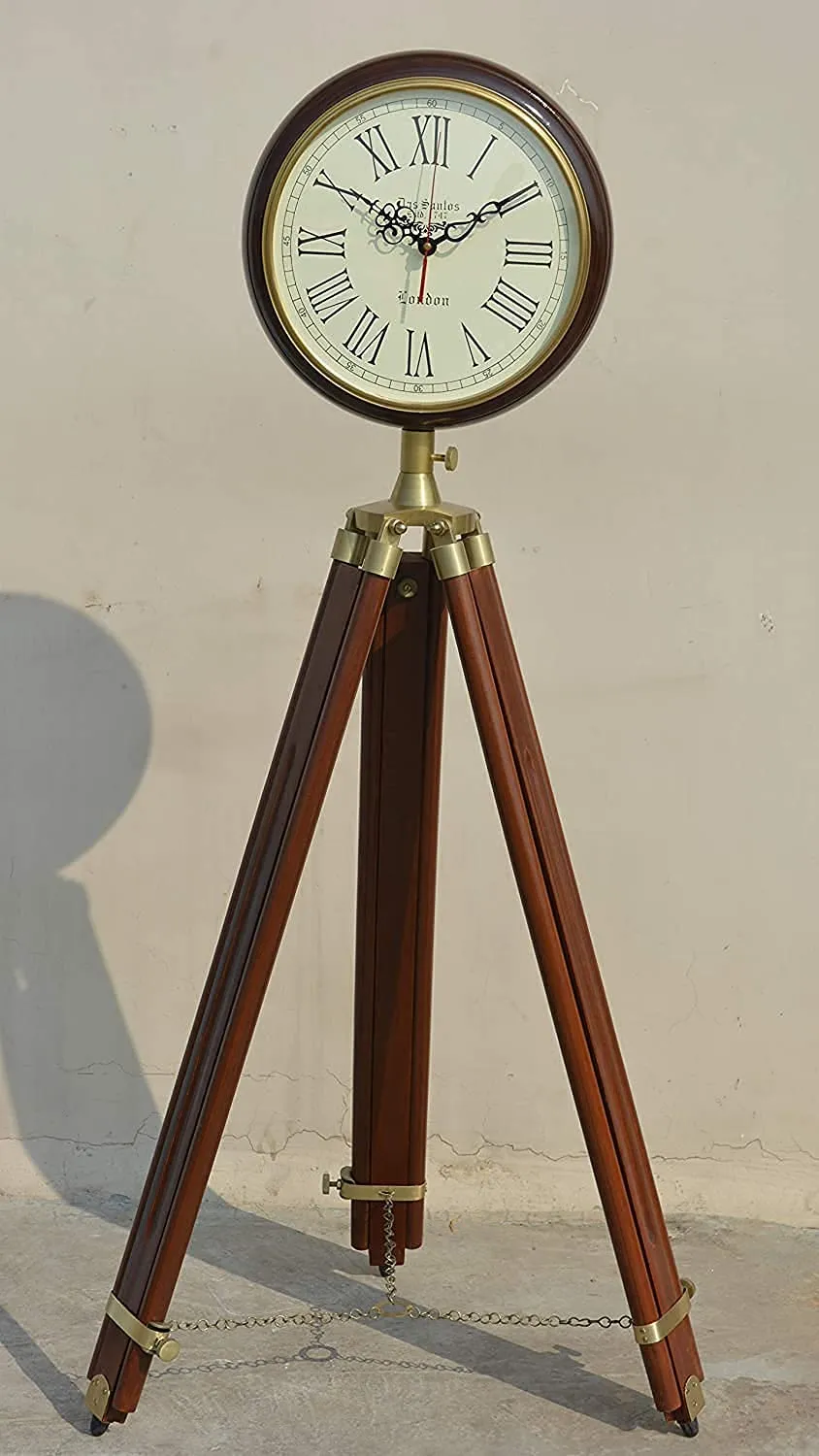 OVERSEAS MART Wooden Analog Clock With Wooden Antique Tripod 70 Inches